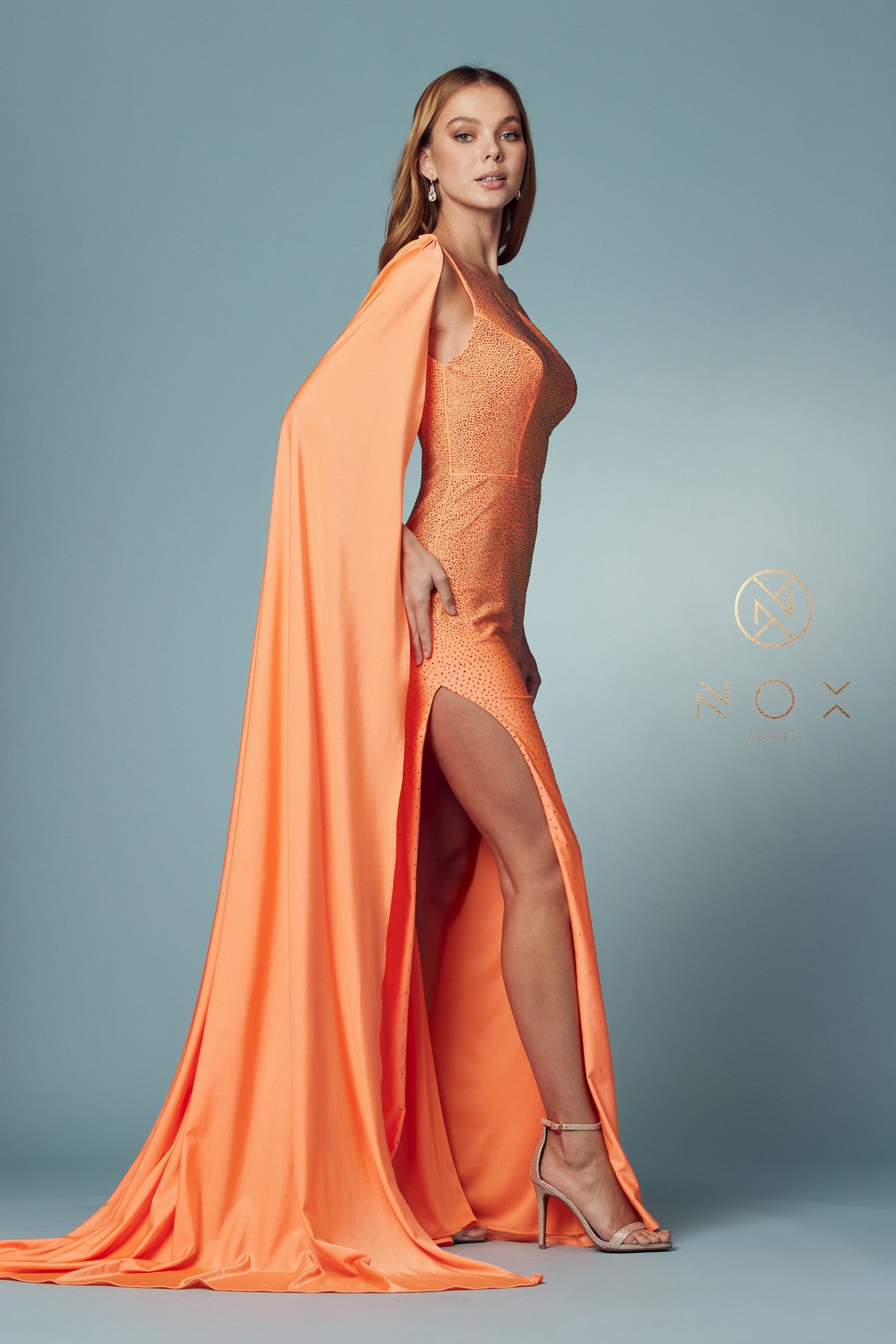 One-Shoulder Glam Prom Dress with Cape_NX E1039
