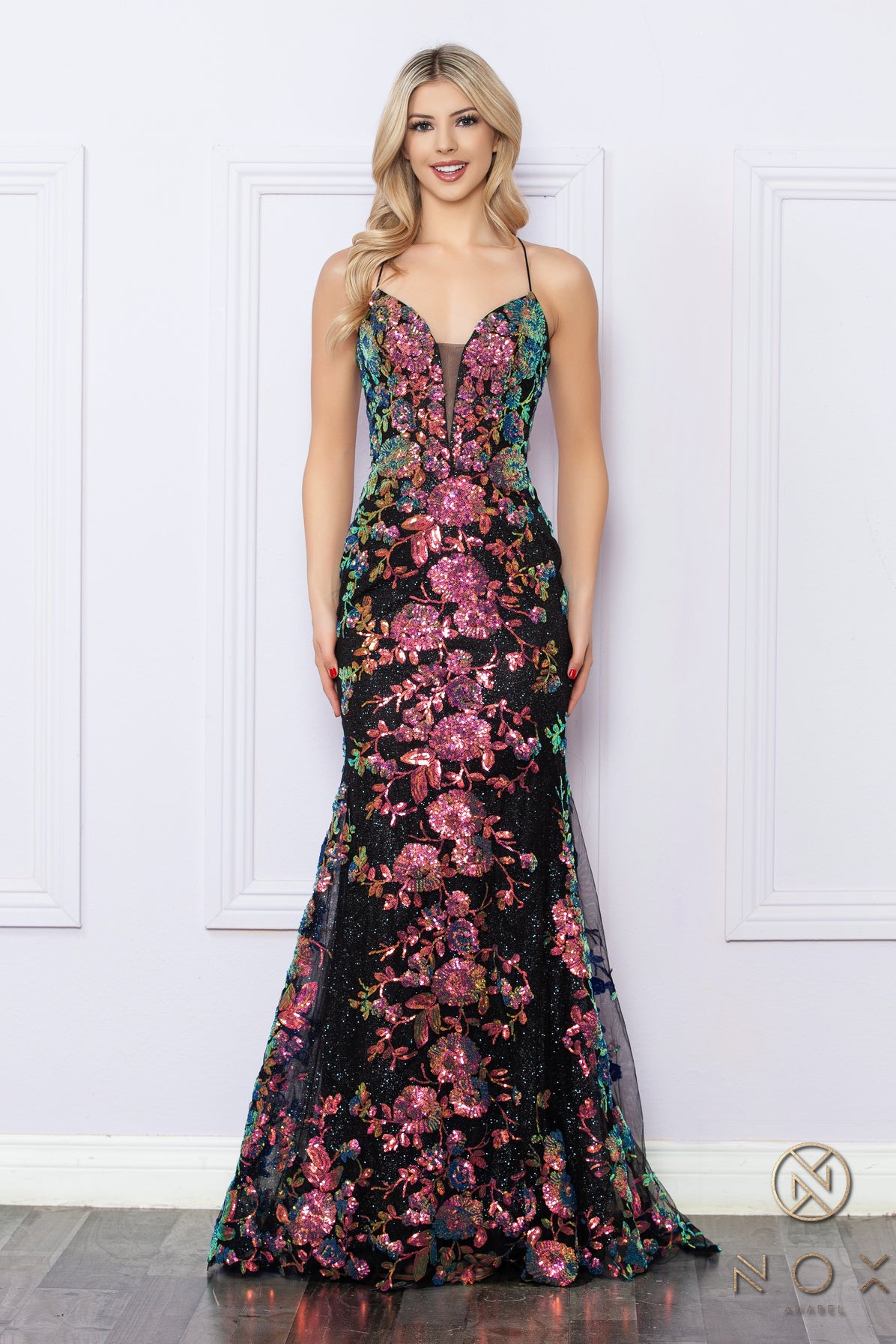 Floral Sequin Prom Dress with Strappy Back_NX R1439 bellapromweddingdress Floral Sequin Prom Dress with Strappy Back_NX R1439 bellapromweddingdress