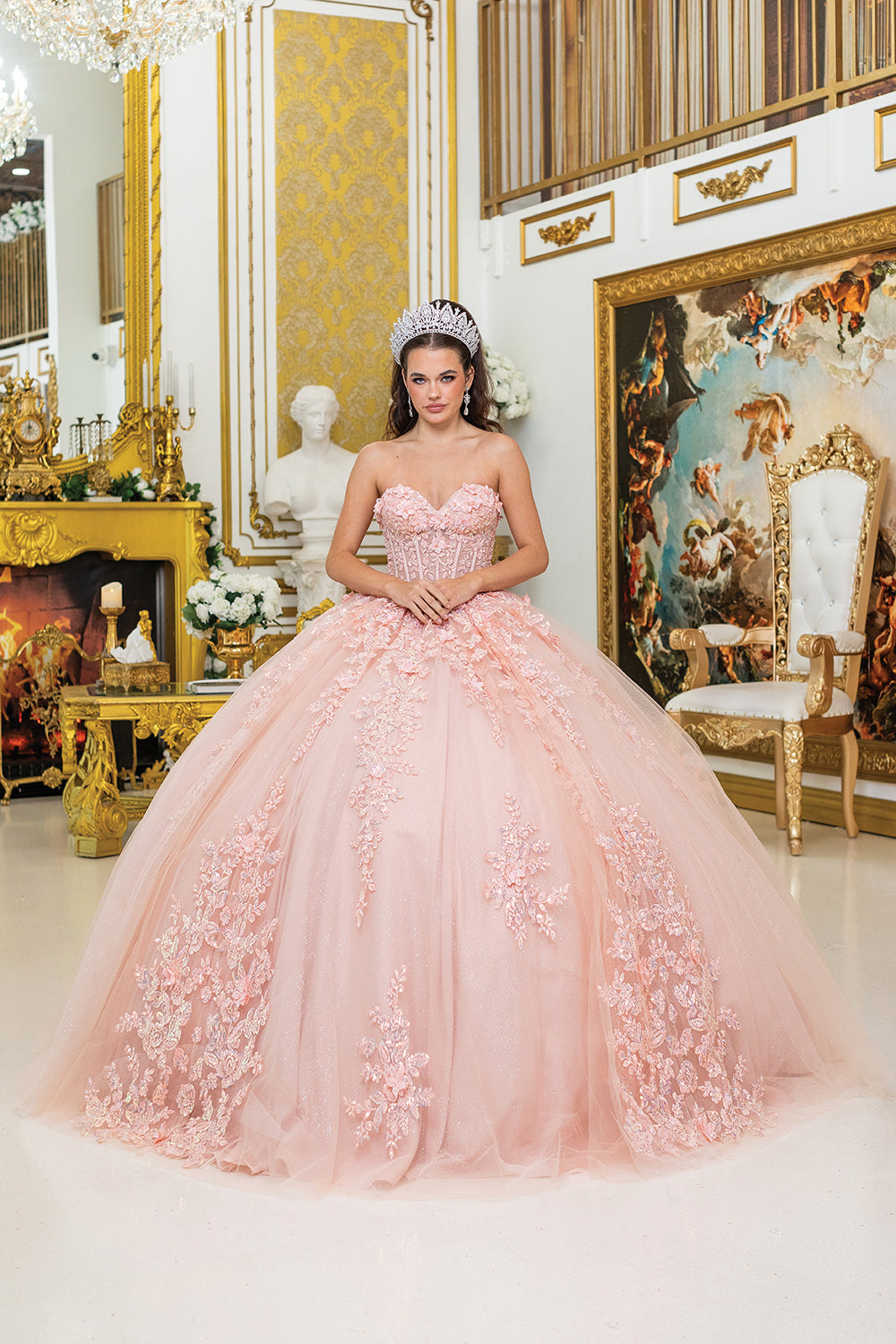 Elegant Blush Quinceanera Dress with Floral Lace Appliqués _ DQ 5027