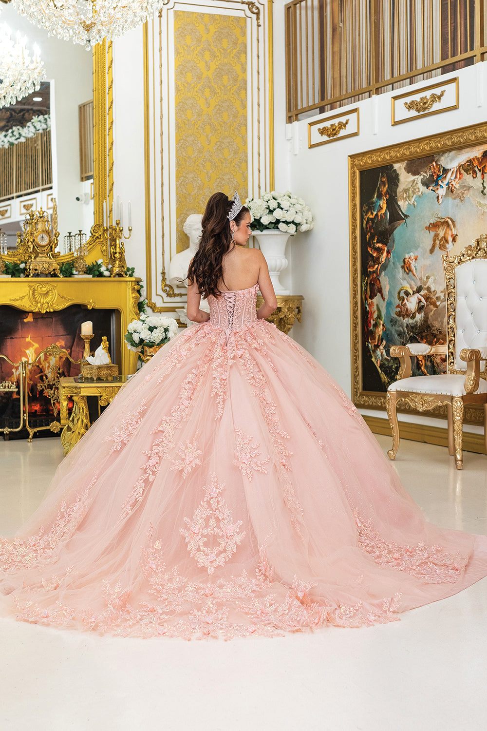 Elegant Blush Quinceanera Dress with Floral Lace Appliqués _ DQ 5027