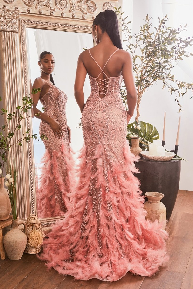 Elegant Feathered Prom Dress with Beaded Detail – bellapromweddingdress