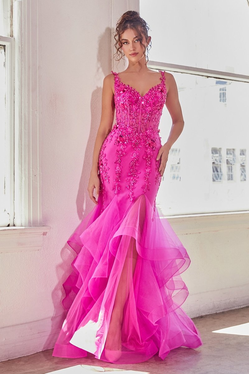 elegant floral prom dresses Stacees 2026 Floral Jacquard Maxi Prom Dress with Lace-Up Crisscross Back